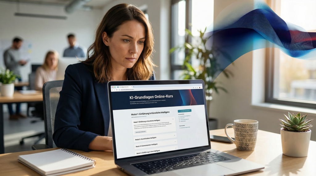 Mitarbeiterin in KI-Schulung zum EU AI Act Eine Mitarbeiterin in einem Großraumbüro, die an einem Online-Kurs zur KI-Kompetenz teilnimmt, was die Notwendigkeit von Schulungen gemäß EU AI Act zeigt.