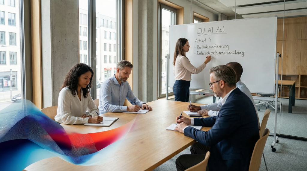 Team-Workshop zur KI-Kompetenzpflicht Ein Team von Mitarbeitern in einem Workshop zum EU AI Act, was die Bedeutung von praktischen Schulungen zur KI-Kompetenz unterstreicht.