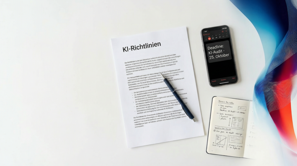 Checkliste für KI-Richtlinien und Dokumentation Eine Checkliste für KI-Richtlinien auf einem Schreibtisch, die den strategischen Ansatz zur Dokumentation der KI-Kompetenz im Unternehmen darstellt.