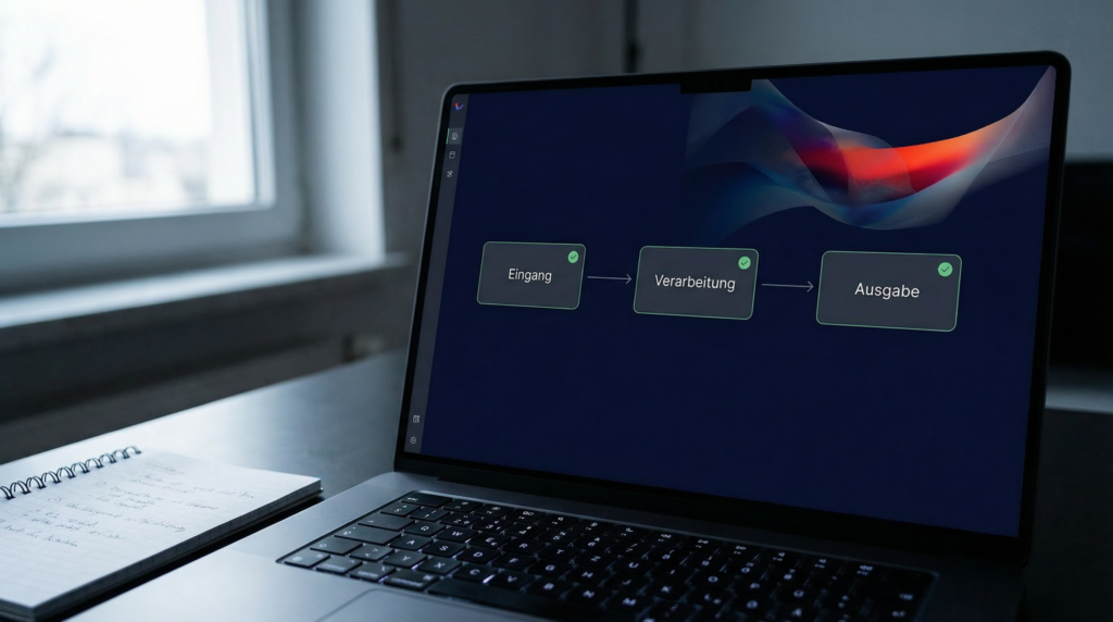 Nahaufnahme eines Laptop-Bildschirms in einem dunklen Büro, der ein einfaches Workflow-Diagramm mit drei verbundenen Boxen zeigt: Eingang, Verarbeitung, Ausgabe – jeweils mit grünem Häkchen. Im Vordergrund liegt ein Notizbuch mit handschriftlichen Notizen. Oben rechts ein subtiles Wellenelement in Dunkelblau und Rot-Orange.