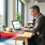 Ein Geschäftsführer Mitte 40 sitzt an einem aufgeräumten, modernen Holzschreibtisch in einem hellen Büro und schaut fokussiert auf einen Laptop mit einem Analytics-Dashboard. Natürliches Tageslicht fällt durch ein großes Fenster. In der unteren linken Ecke ein subtiles, halbtransparentes Wellenelement in Dunkelblau und Rot-Orange.