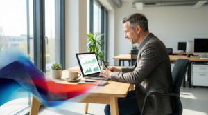 Ein Geschäftsführer Mitte 40 sitzt an einem aufgeräumten, modernen Holzschreibtisch in einem hellen Büro und schaut fokussiert auf einen Laptop mit einem Analytics-Dashboard. Natürliches Tageslicht fällt durch ein großes Fenster. In der unteren linken Ecke ein subtiles, halbtransparentes Wellenelement in Dunkelblau und Rot-Orange.