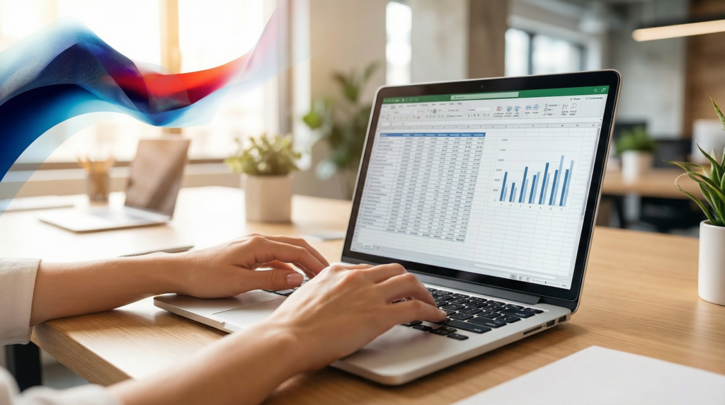 Datenanalyse auf einem Laptop mit Tabellen und Diagrammen in einem hellen Büro