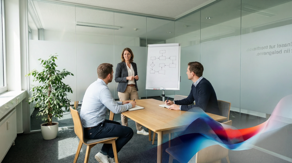 Kleines Team bespricht einen Prozessablauf am Whiteboard in einem Konferenzraum eines mittelständischen Unternehmens