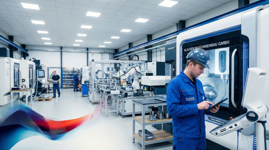 Techniker prüft Daten auf einem Tablet in einer modernen Produktionshalle eines mittelständischen Unternehmens