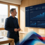 Geschäftsführer analysiert KI-Dashboard mit KPI-Kennzahlen und Trenddiagrammen in einem modernen Büro