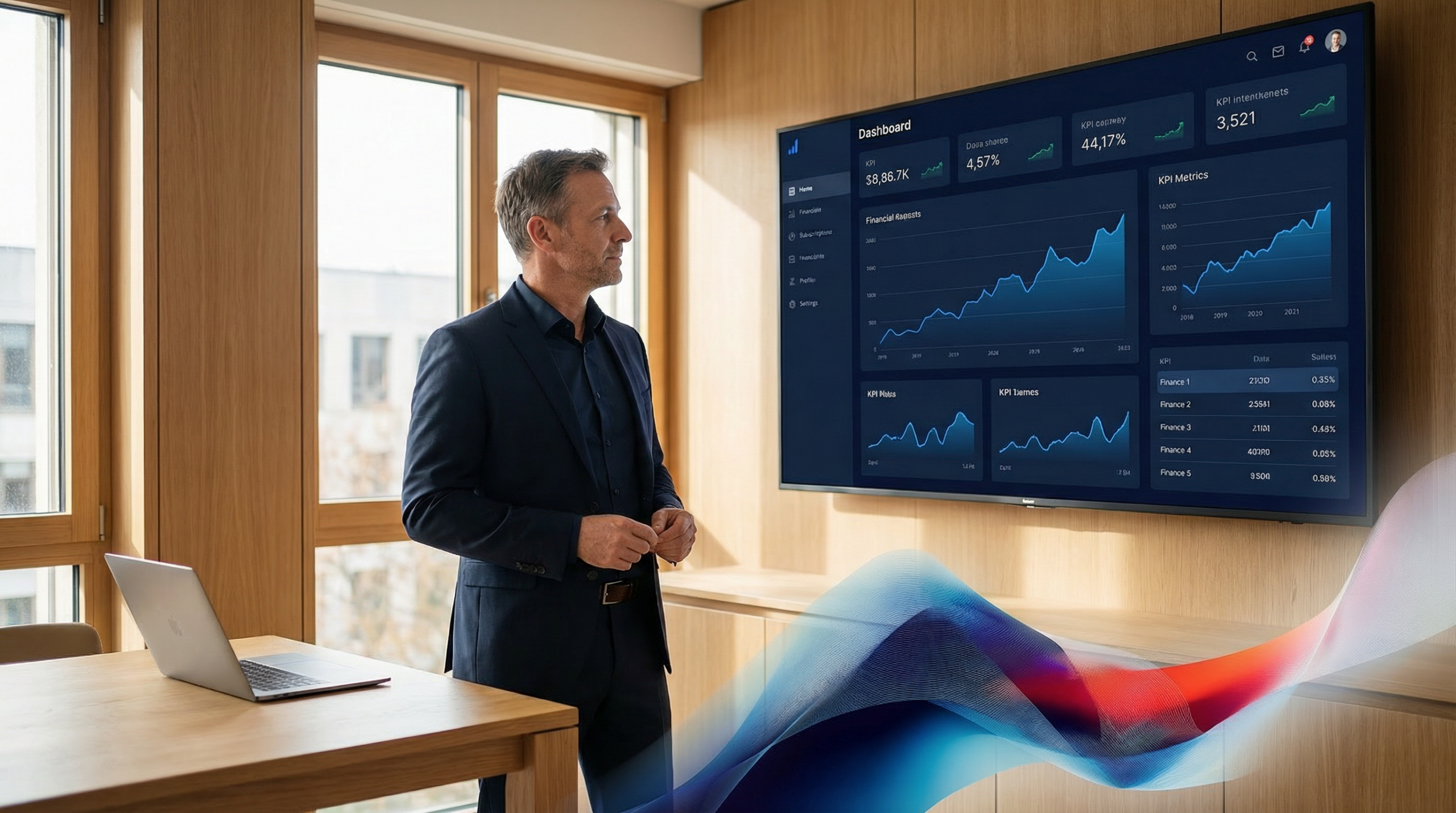 Geschäftsführer analysiert KI-Dashboard mit KPI-Kennzahlen und Trenddiagrammen in einem modernen Büro