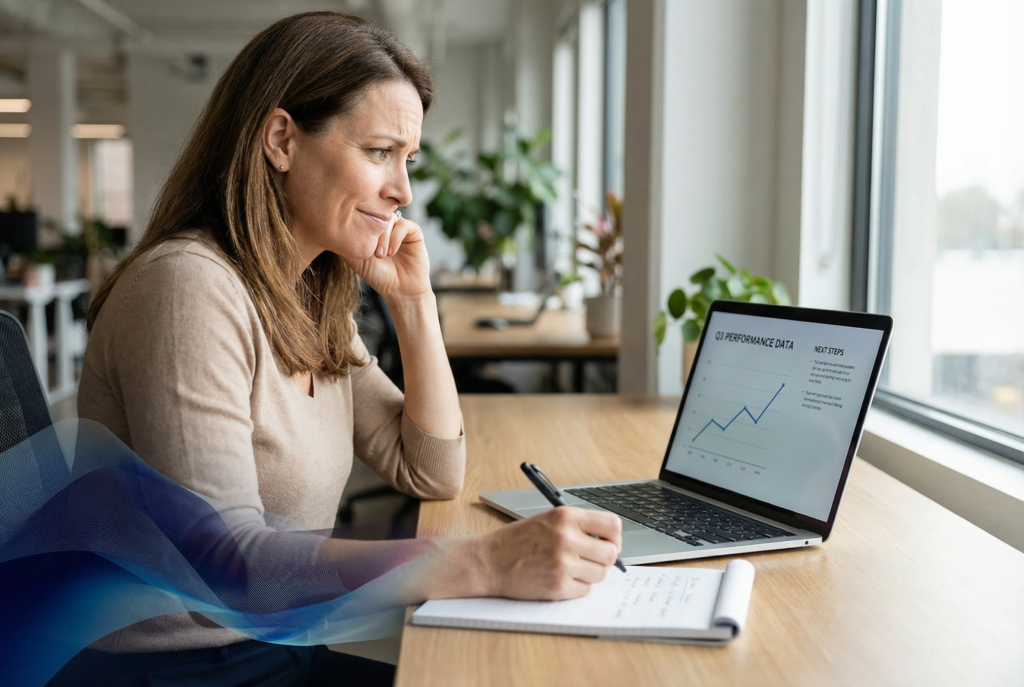 Eine Mitarbeiterin betrachtet nachdenklich Daten auf ihrem Laptop