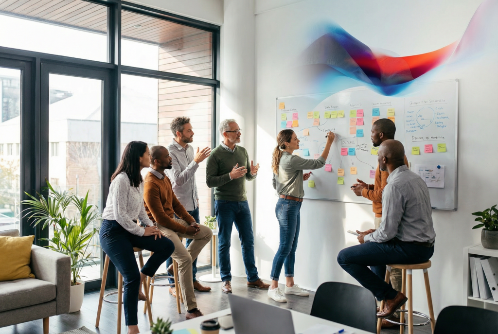  Ein Team arbeitet gemeinsam an einem Whiteboard mit Post-its.