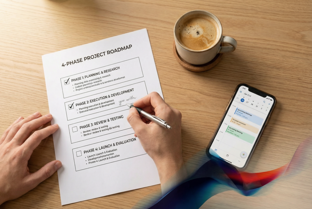 Ein ausgedruckter 4-Phasen-Projektplan liegt auf einem Schreibtisch neben einem Smartphone.