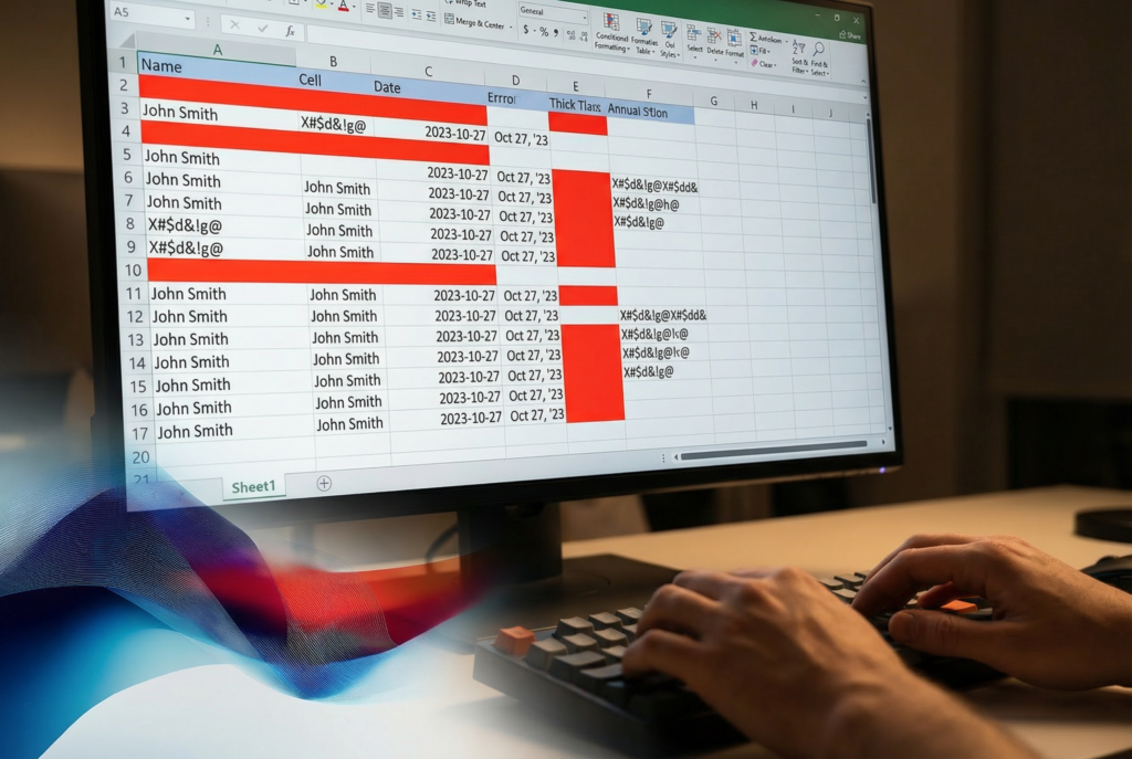 Bildschirm zeigt fehlerhafte, inkonsistente Daten in einer Tabellenkalkulation mit roten Fehlermeldungen – Garbage In Garbage Out Prinzip