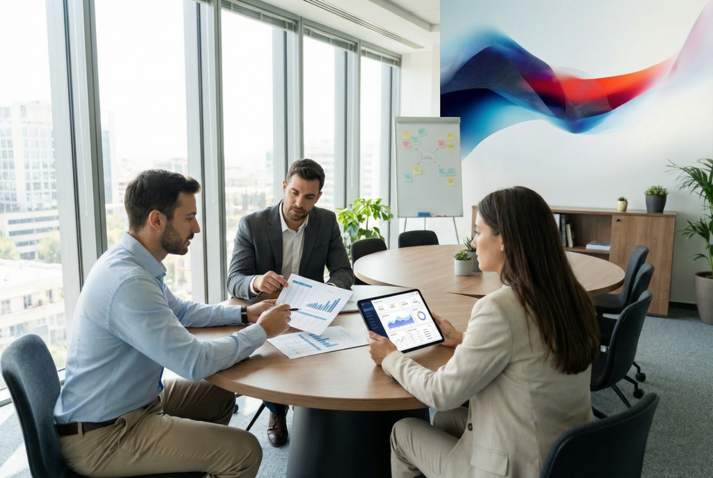 Drei Fachleute besprechen Datenstrategie und Data Governance anhand von Berichten und Tablet-Dashboard in einem modernen Konferenzraum
