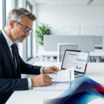 Geschäftsmann in modernem Büro analysiert Datenberichte und strukturierte Datenbankansichten auf Laptop – Datenqualität KI