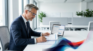 Geschäftsmann in modernem Büro analysiert Datenberichte und strukturierte Datenbankansichten auf Laptop – Datenqualität KI