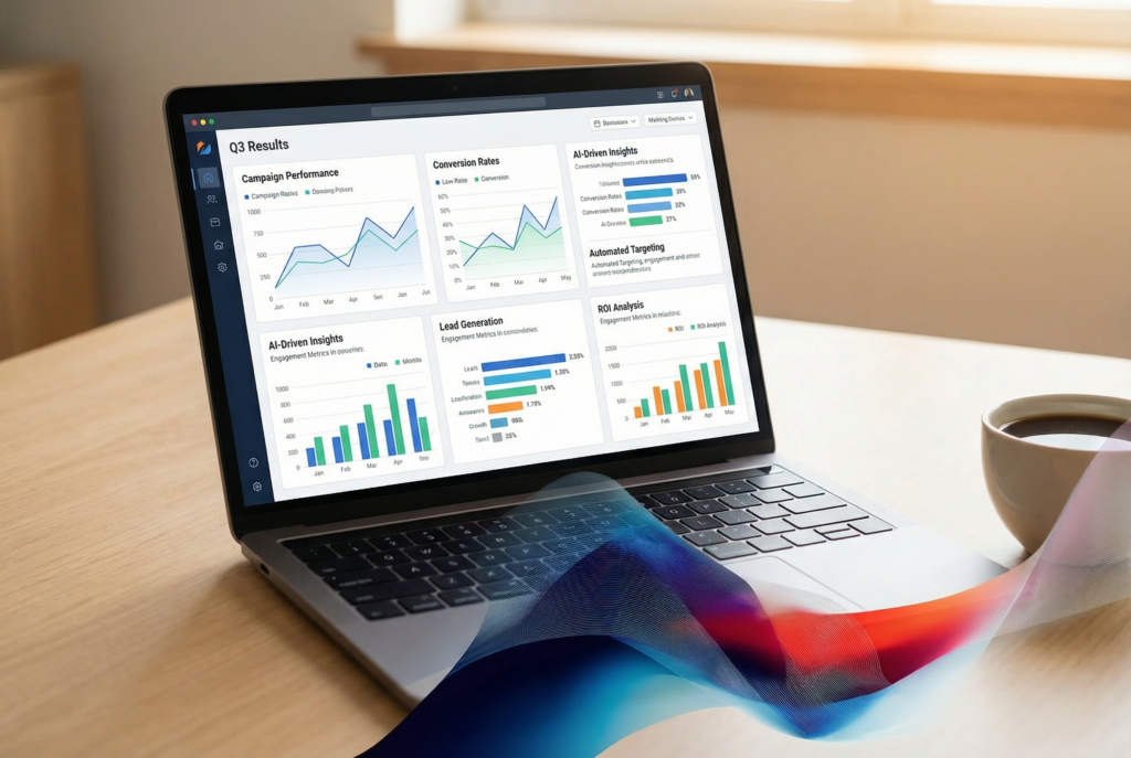 Marketing Dashboard auf einem Laptop mit Datenvisualisierungen für datengetriebenes Marketing