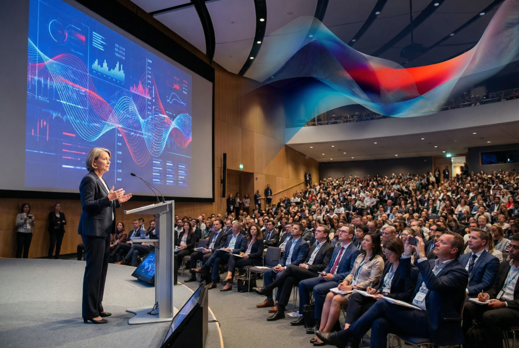 Sprecherin auf einer großen Konferenzbühne präsentiert digitale Trends vor Publikum