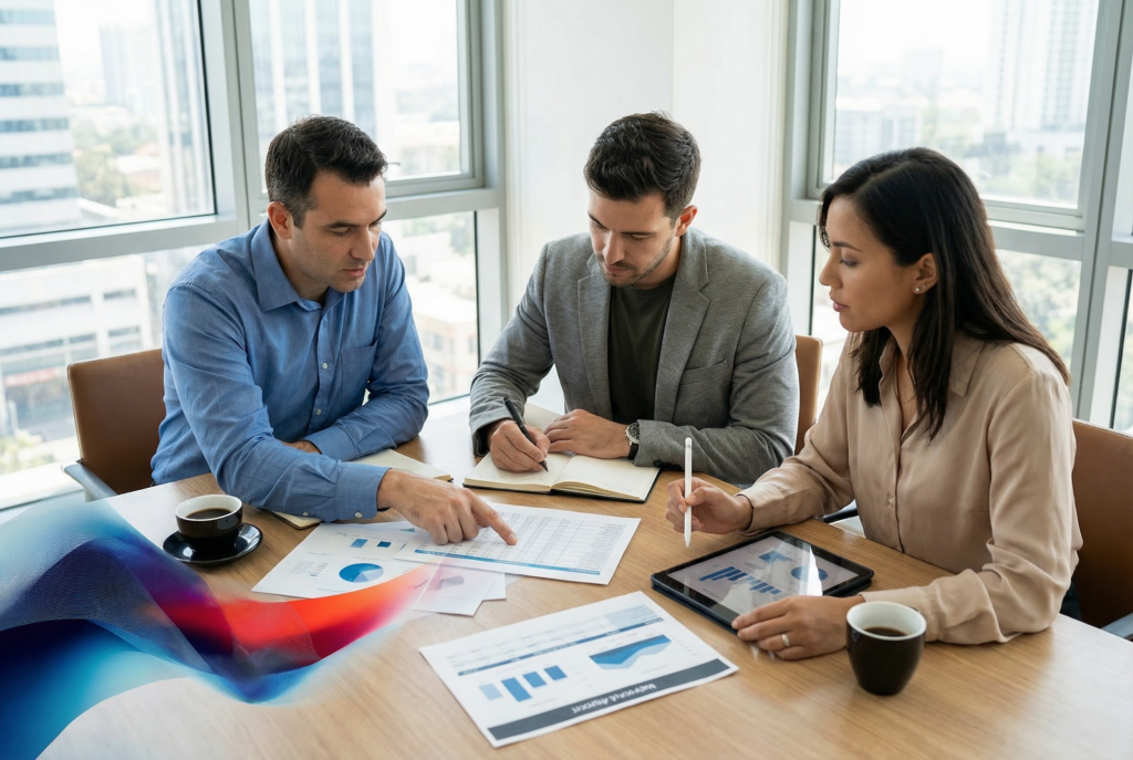 Drei Geschäftsleute in einem Meetingraum besprechen strategische 