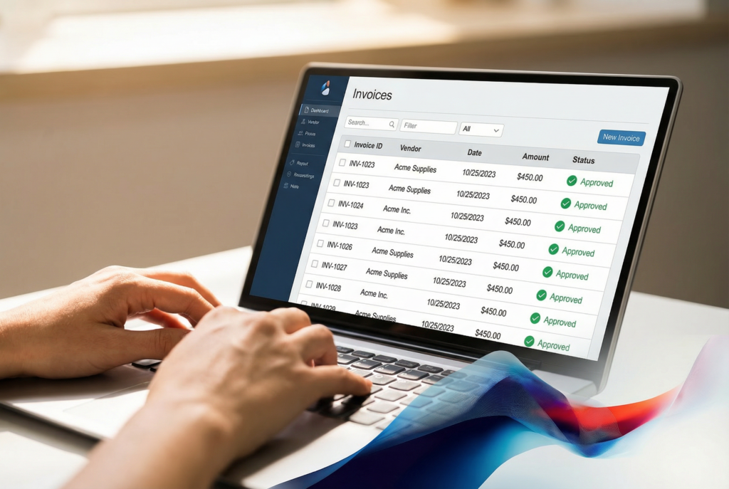 Nahaufnahme eines Laptop-Bildschirms mit KI-gestützter Rechnungsverarbeitungssoftware und automatisch genehmigten Eingangsrechnungen