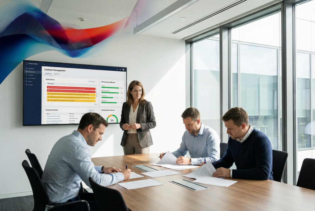 Professionelles Team im Konferenzraum analysiert KI-gestütztes Vertragsmanagement-Dashboard mit Risikoklauseln auf einem Wandbildschirm
