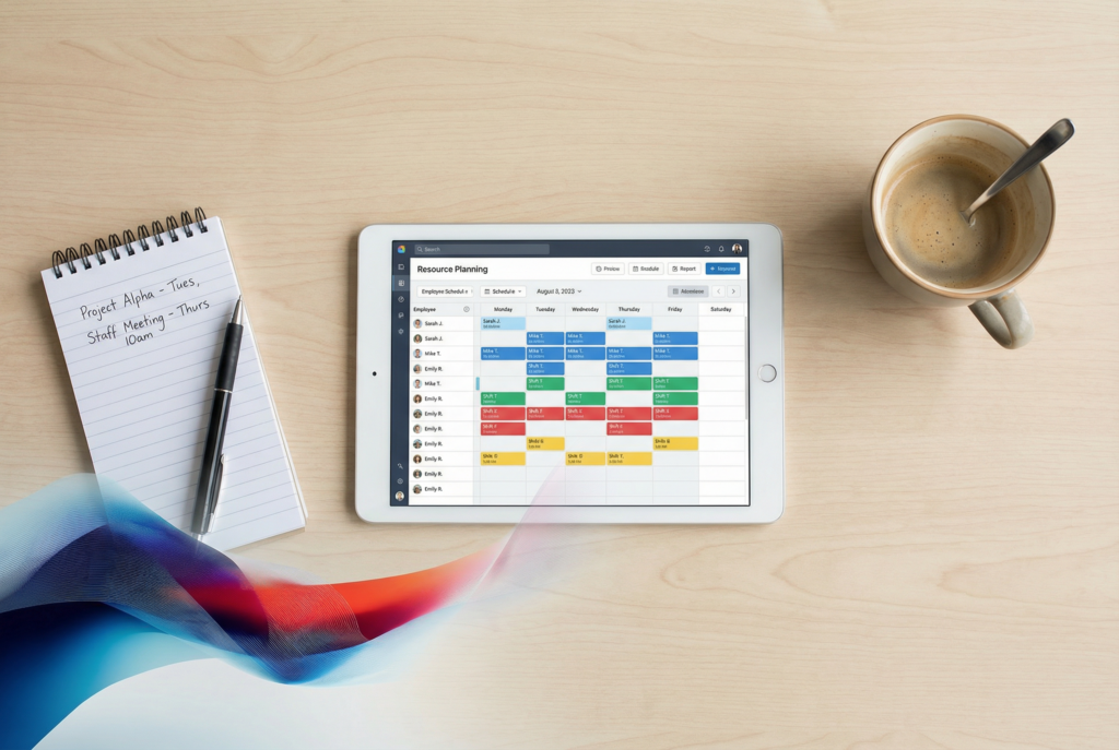 Vogelperspektive auf einen Schreibtisch mit Tablet, das eine KI-gestützte Ressourcenplanung mit farbcodierten Mitarbeiterplänen zeigt
