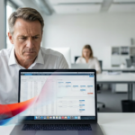 Geschäftsmann im modernen Büro analysiert KI-gestützte Verwaltungssoftware auf einem Laptop – KI Verwaltung Automatisierung im Mittelstand