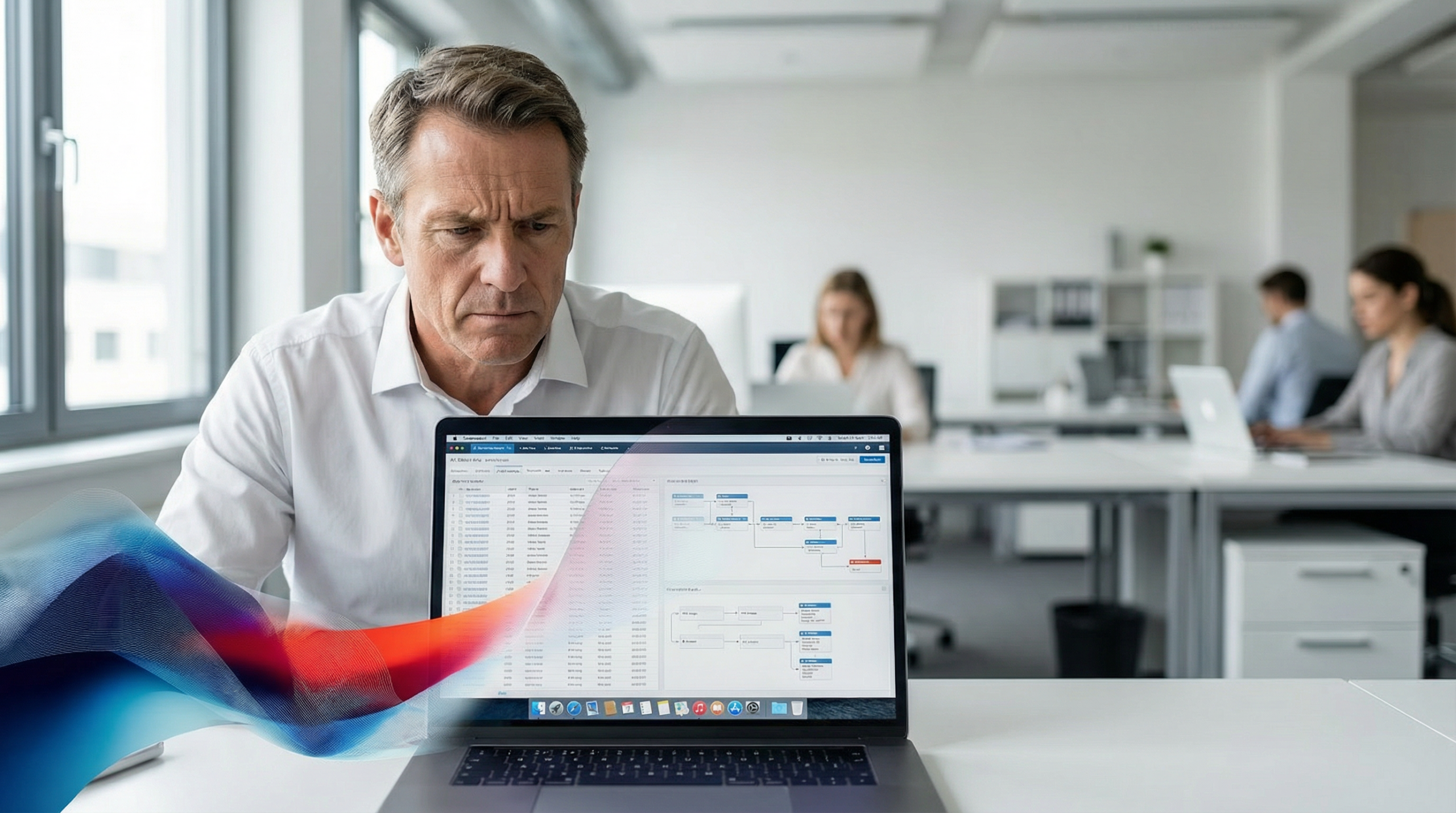 Geschäftsmann im modernen Büro analysiert KI-gestützte Verwaltungssoftware auf einem Laptop – KI Verwaltung Automatisierung im Mittelstand
