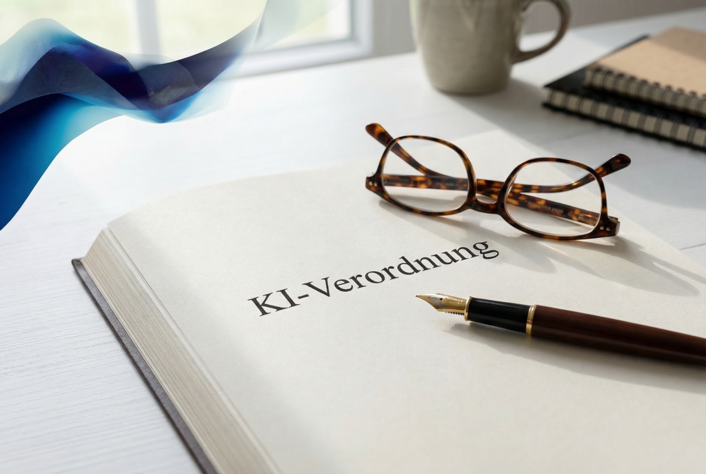 Ein aufgeschlagenes Buch mit dem Titel 'KI-Verordnung' liegt auf einem Schreibtisch und verdeutlicht die Wichtigkeit der rechtlichen Rahmenbedingungen für KI im Mittelstand.