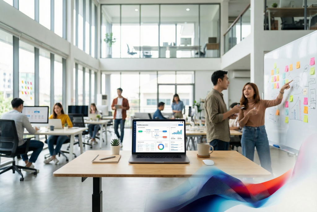 Ein Laptop mit einem Dashboard zur Prozessautomatisierung steht in einem belebten Büro und symbolisiert die Optimierung von Geschäftsprozessen durch KI.