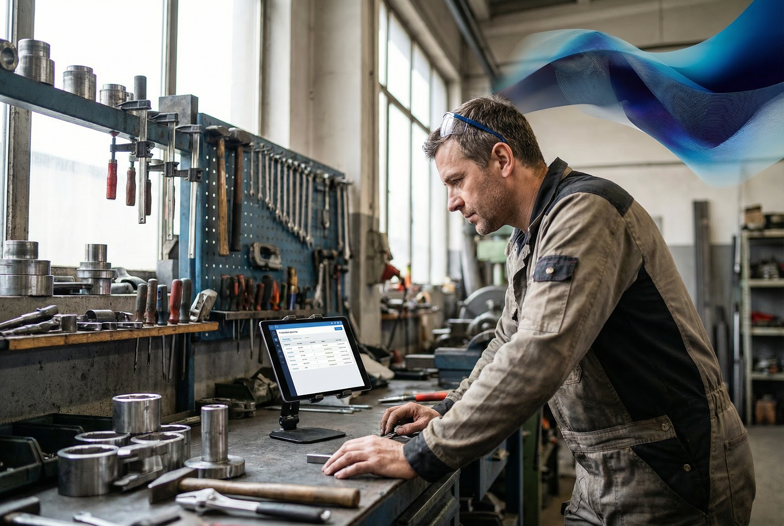 Ein Handwerker in seiner Werkstatt nutzt ein Tablet zur Produktionsplanung, was den praxisnahen Einsatz von KI in traditionellen Branchen zeigt.