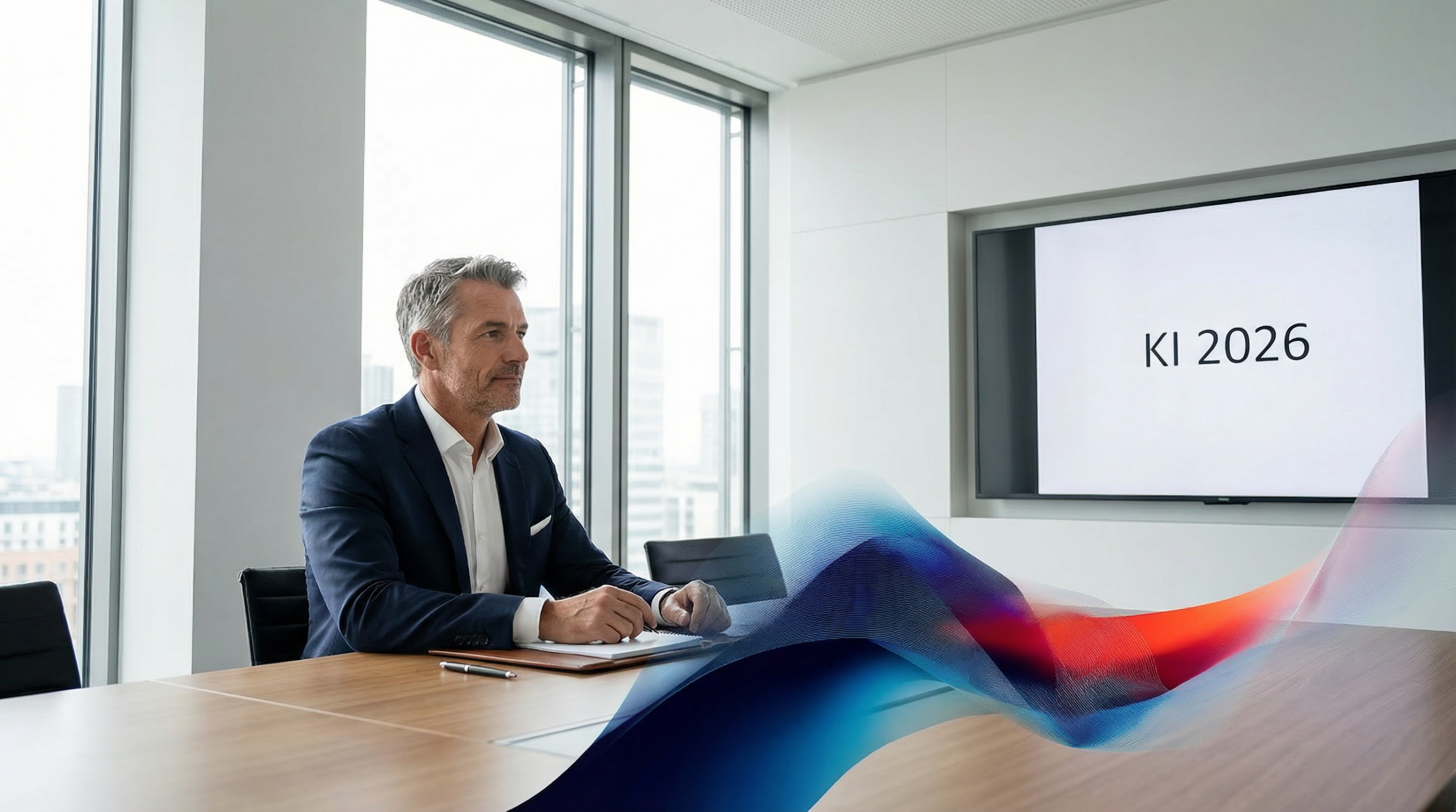 Ein Geschäftsführer sitzt in einem modernen Konferenzraum und blickt auf einen Bildschirm mit der Aufschrift 'KI 2026', was die strategische Planung für den KI-Frühling 2026 symbolisiert.