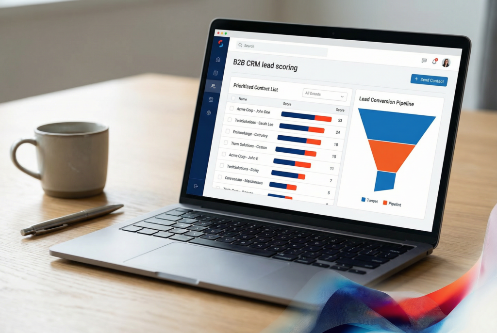 Laptop-Bildschirm zeigt KI-gestütztes B2B CRM Lead Scoring Interface mit priorisierten Kontakten und Conversion-Funnel