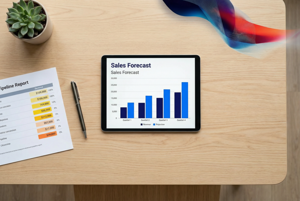 Draufsicht auf Schreibtisch mit Tablet, das ein Sales Forecast Chart mit Quartalsumsatz-Projektionen zeigt, daneben ein Pipeline-Bericht