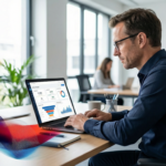 Vertriebsleiter im modernen Büro analysiert KI-gestütztes CRM-Dashboard mit Lead Scoring und Pipeline-Metriken auf einem Laptop