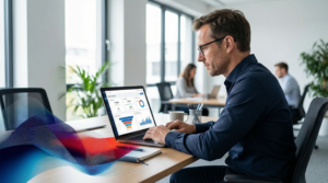 Vertriebsleiter im modernen Büro analysiert KI-gestütztes CRM-Dashboard mit Lead Scoring und Pipeline-Metriken auf einem Laptop