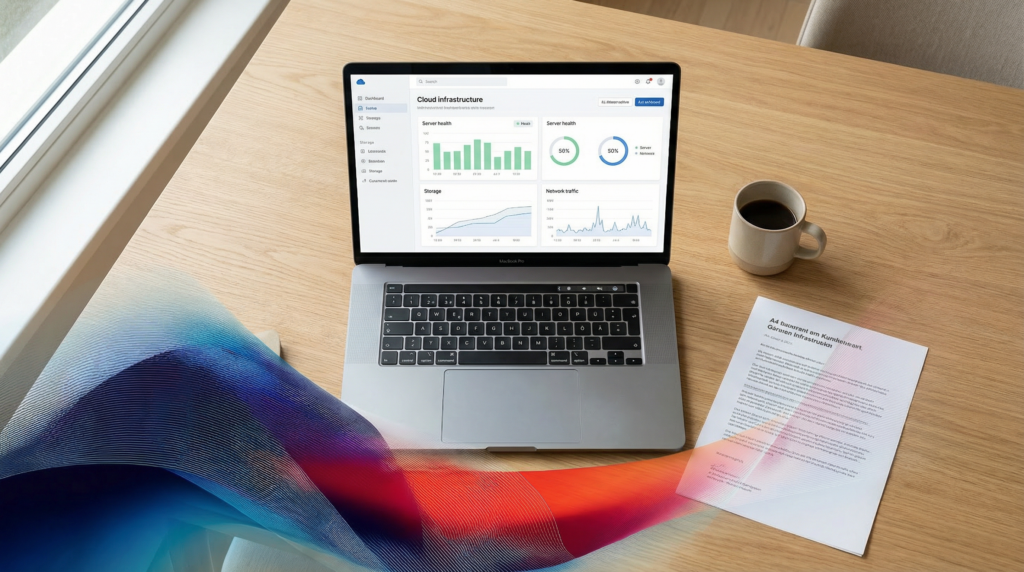 Cloud-Plattform für effizientes Datenmanagement Ansicht von oben auf einen aufgeräumten Schreibtisch mit einem Laptop, der eine Cloud-Plattform anzeigt, daneben liegen ausgedruckte Dokumente und eine Kaffeetasse