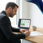 Ein fokussierter Geschäftsführer im Anzug sitzt an einem modernen Schreibtisch und prüft eine ausgedruckte Checkliste, während auf seinem Laptop ein Dashboard mit IT-Infrastruktur-Metriken zu sehen ist.