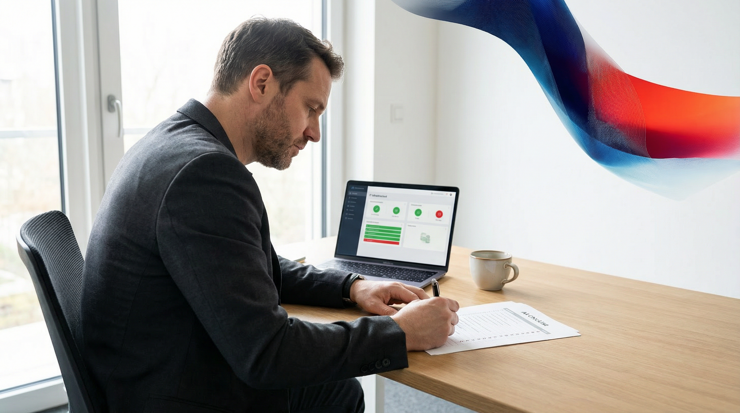 Ein fokussierter Geschäftsführer im Anzug sitzt an einem modernen Schreibtisch und prüft eine ausgedruckte Checkliste, während auf seinem Laptop ein Dashboard mit IT-Infrastruktur-Metriken zu sehen ist.