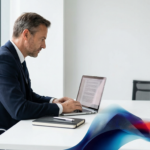 Ein Geschäftsmann im Anzug sitzt an einem modernen Schreibtisch und arbeitet konzentriert an seinem Laptop.