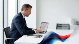 Ein Geschäftsmann im Anzug sitzt an einem modernen Schreibtisch und arbeitet konzentriert an seinem Laptop.