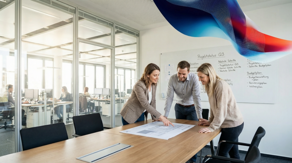 KI-Richtlinien im Team besprechen Ein kleines Team von drei Personen bespricht in einem hellen Konferenzraum ein Dokument. Im Hintergrund ist ein Whiteboard zu sehen. schatten ki governance kontrolle innovation
