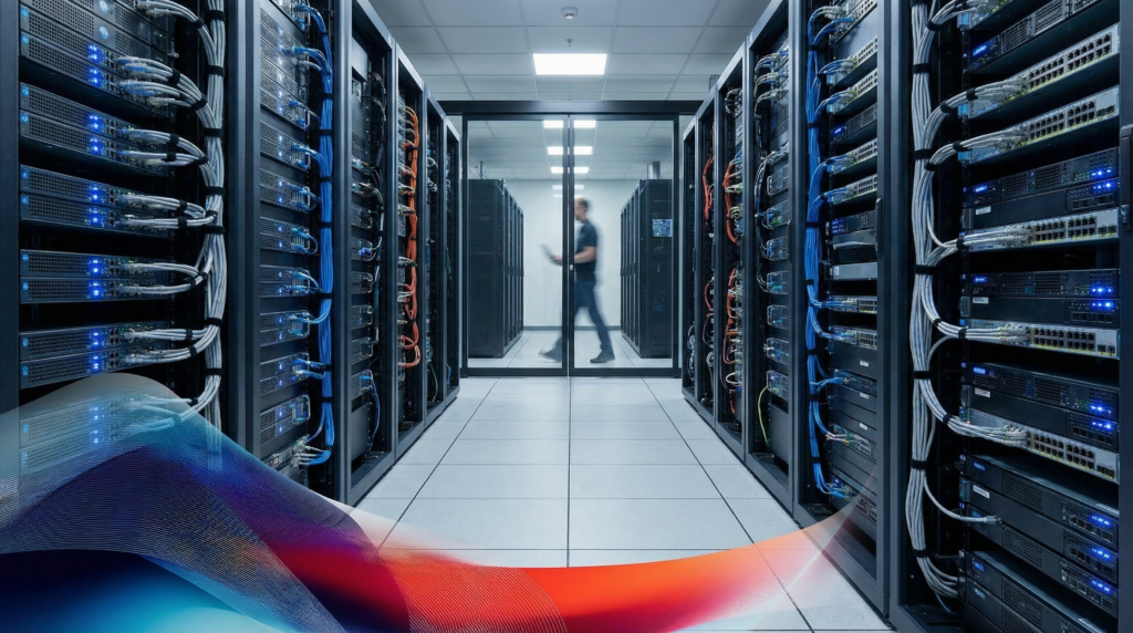 Sichere IT-Infrastruktur für KI Ein moderner, aufgeräumter Serverraum mit blauen LED-Lichtern. Ein IT-Techniker geht im Hintergrund durch eine Glastür. schatten ki governance kontrolle innovation 03