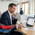 Ein Geschäftsmann im Anzug sitzt konzentriert an seinem Schreibtisch und betrachtet Daten auf seinem Laptop.