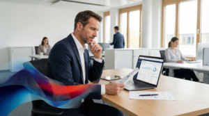 Ein Geschäftsmann im Anzug sitzt konzentriert an seinem Schreibtisch und betrachtet Daten auf seinem Laptop.